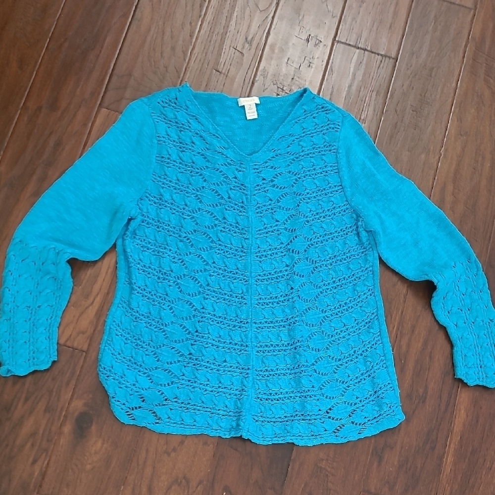 Chico's Vibrant Blue Knit Sweater with Crocheted Front & Sleeves size 2 (Large)